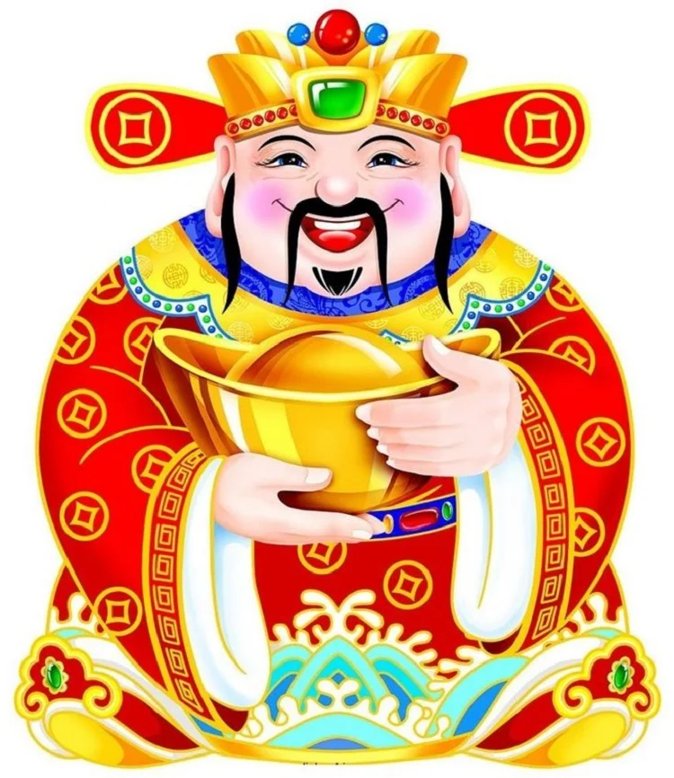 Ảnh Thần Tài vui vẻ cầm thỏi vàng, mặc trang phục đỏ vàng mang ý nghĩa tài lộc và thịnh vượng