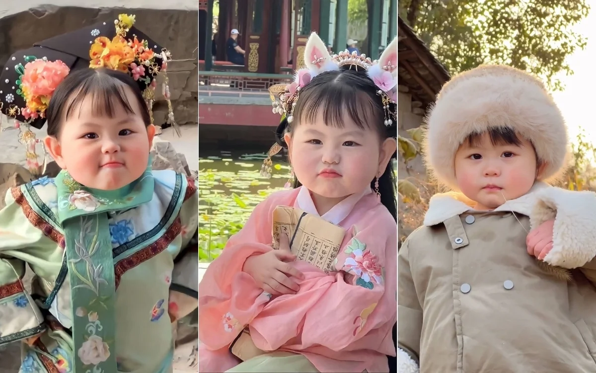 Hình ảnh em bé chụp ảnh kỷ yếu mặc trang phục truyền thống và áo mùa đông