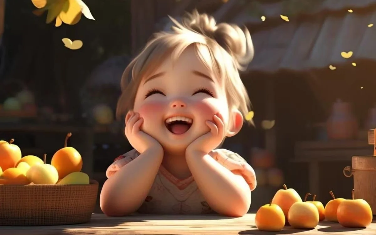 Hình ảnh em bé gái hoạt hình 3D cười tươi vui vẻ bên giỏ trái cây