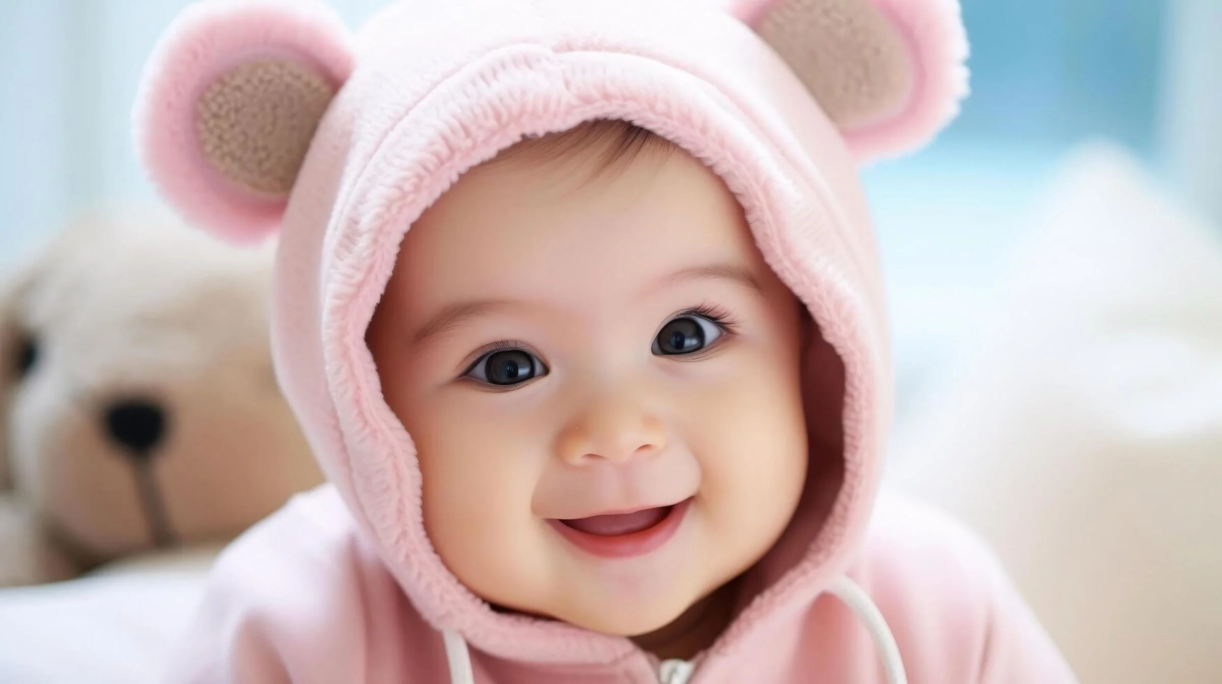 Hình ảnh em bé mặc đồ ngủ mũ tai gấu màu hồng dễ thương cạnh gấu bông