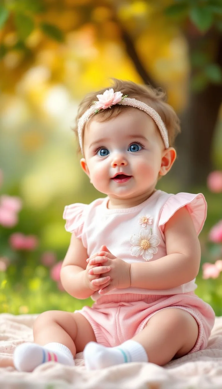 Bé gái mặc váy hồng ngồi giữa vườn hoa rực rỡ