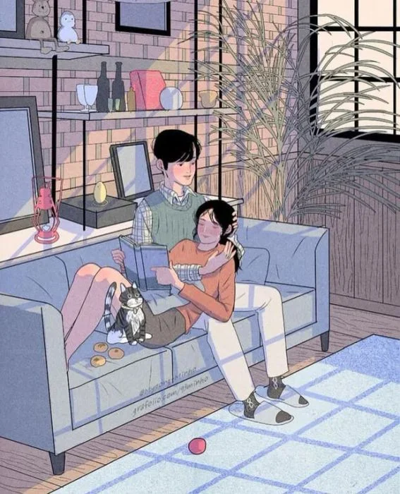 Hai người thư giãn bên mèo trong phòng khách ấm cúng, hình ảnh chill