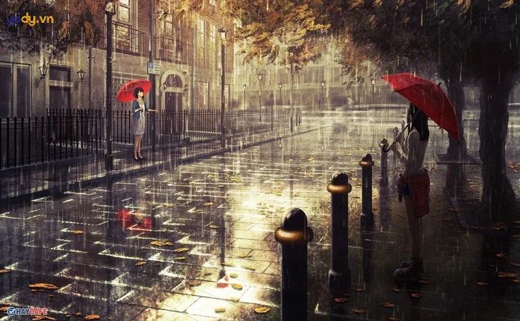 Con phố lát đá dưới cơn mưa với những chiếc ô và ánh đèn phản chiếu