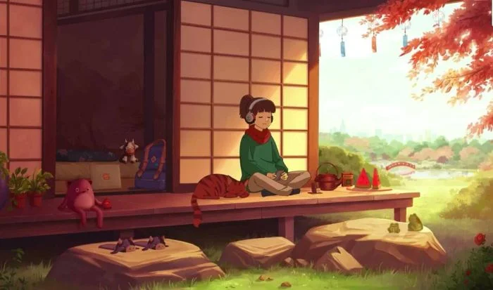 Minh họa cô gái thư giãn bên hiên nhà kiểu Nhật giữa khung cảnh mùa thu
