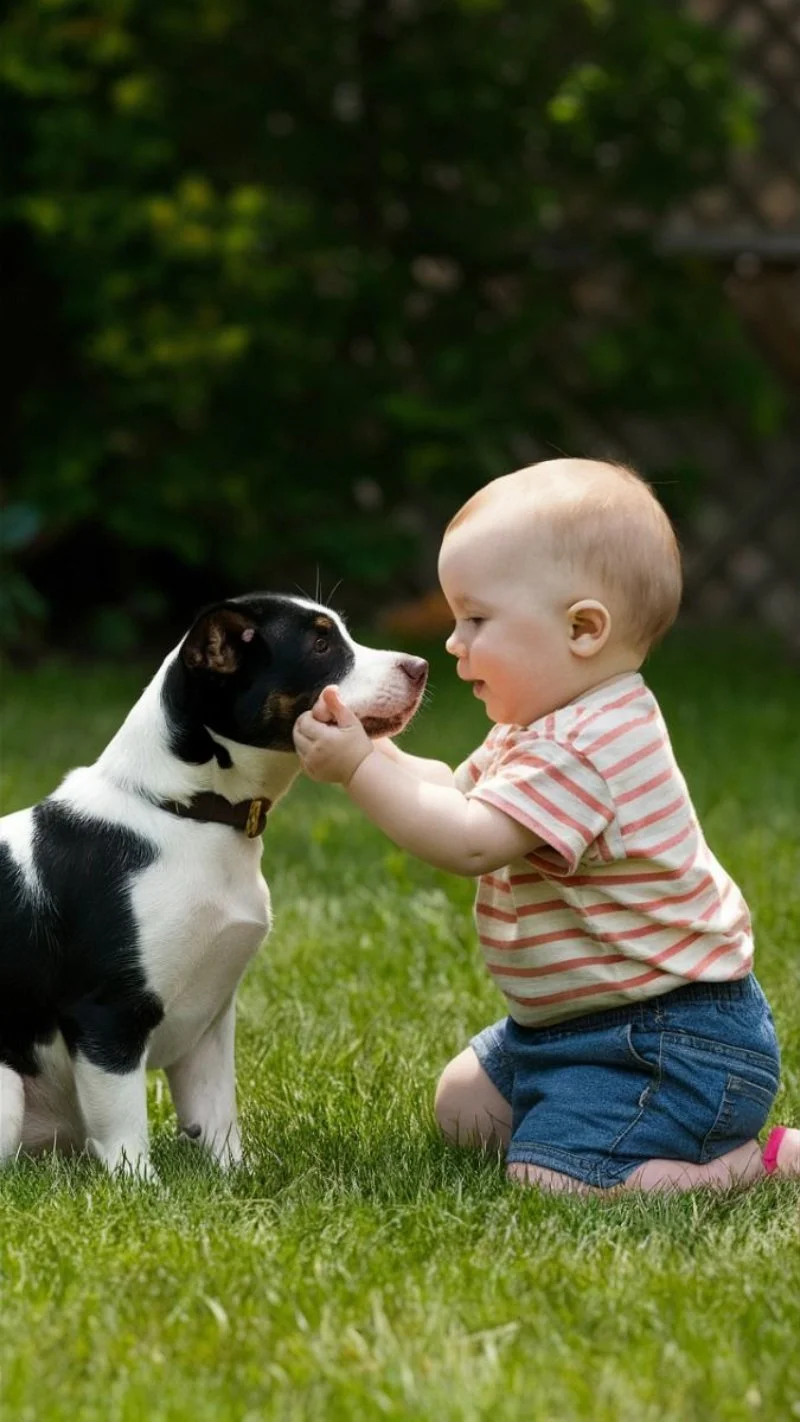 em bé hôn chó trên cỏ xanh