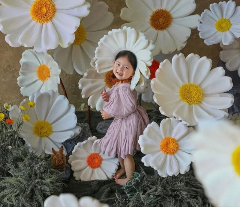 bé gái đứng giữa hoa cúc trắng lớn