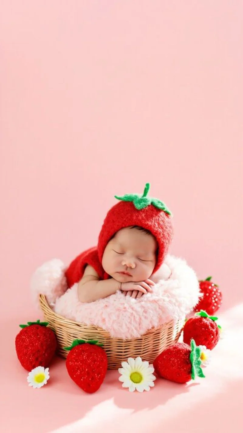 hình em bé dễ thương bebé mới sinh ngủ trong giỏ costume dâu tây
