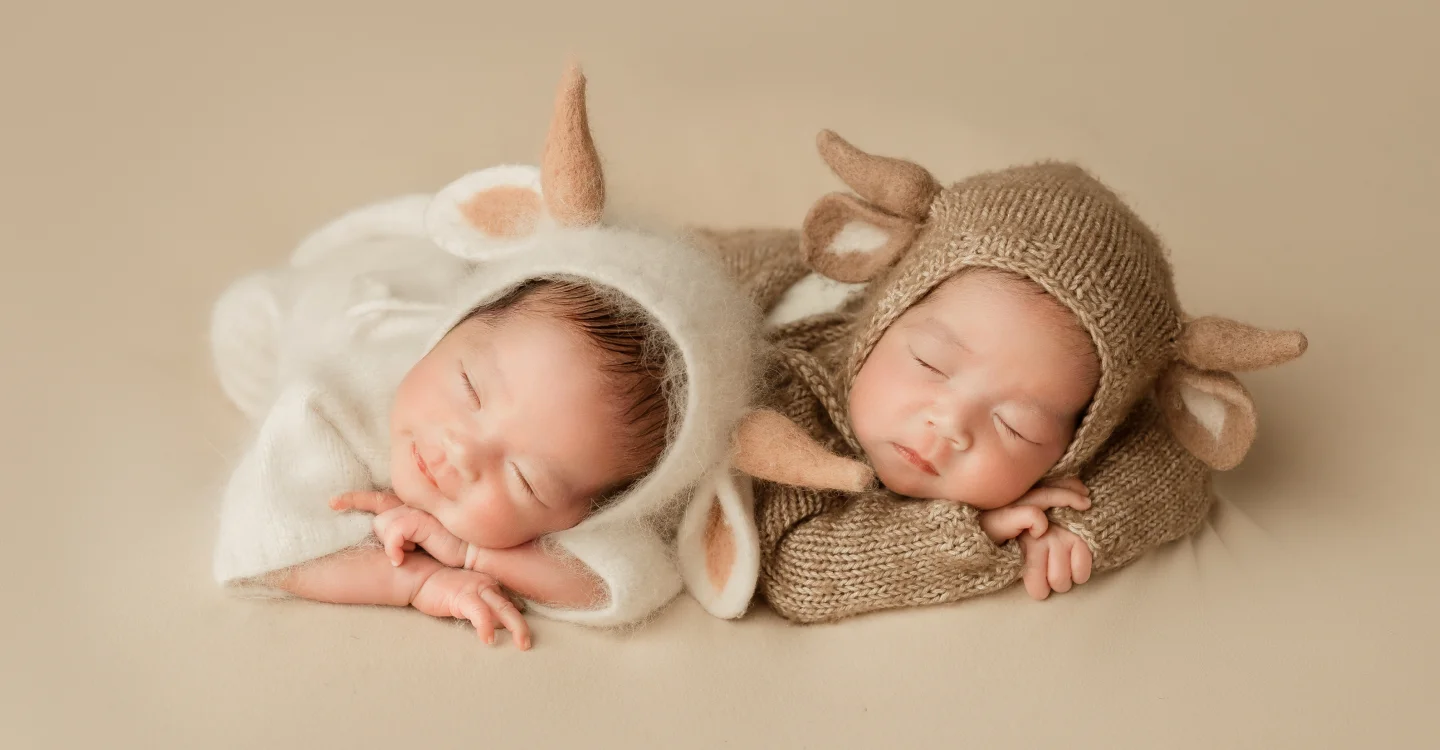 hình em bé dễ thương hai bé ngủ bên nhau mặc costume thiên thần và động vật