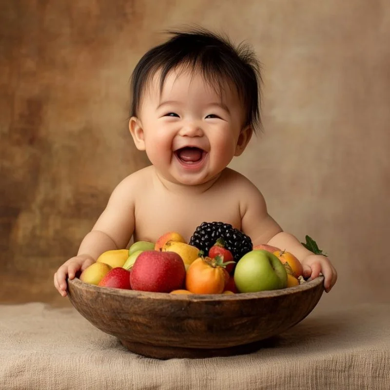 hình em bé dễ thương cười tươi ngồi trong bát trái cây nhiều màu sắc