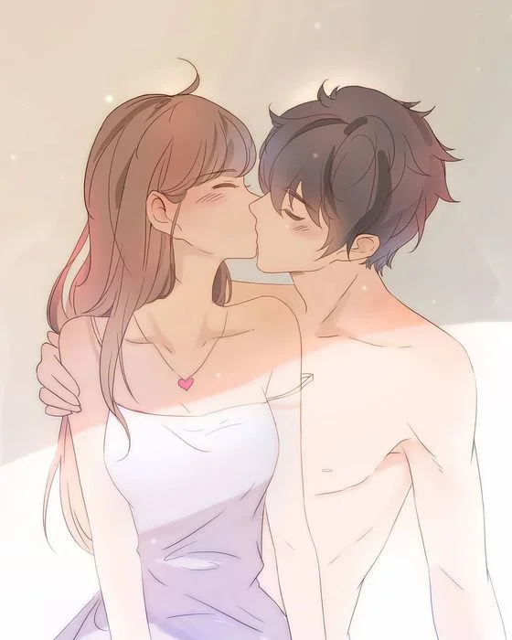 Cặp đôi anime hôn nhau, cô gái váy trắng và cậu trai khỏa thân, tình yêu lãng mạn