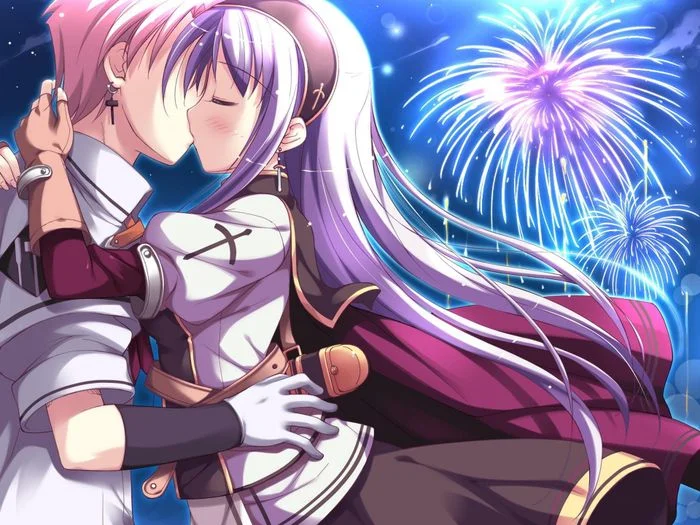 Hình ảnh anime hôn nhau lãng mạn dưới màn pháo hoa ban đêm.