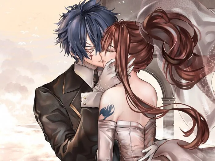 Cặp đôi anime hôn nhau, nam mặc áo khoác da, nữ tóc xoăn