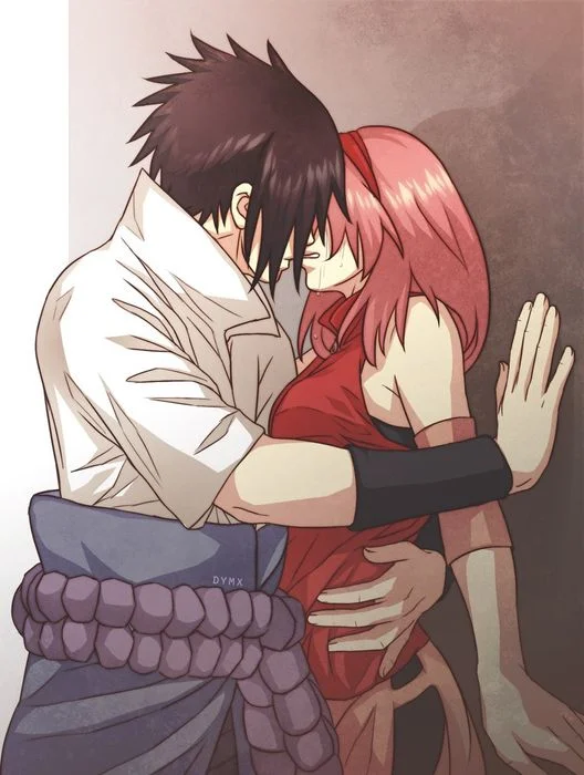Anime hôn nhau trong tư thế ôm chặt: cô gái tóc hồng mặc váy đỏ và chàng trai tóc đen mặc áo trắng chia sẻ khoảnh khắc lãng mạn.