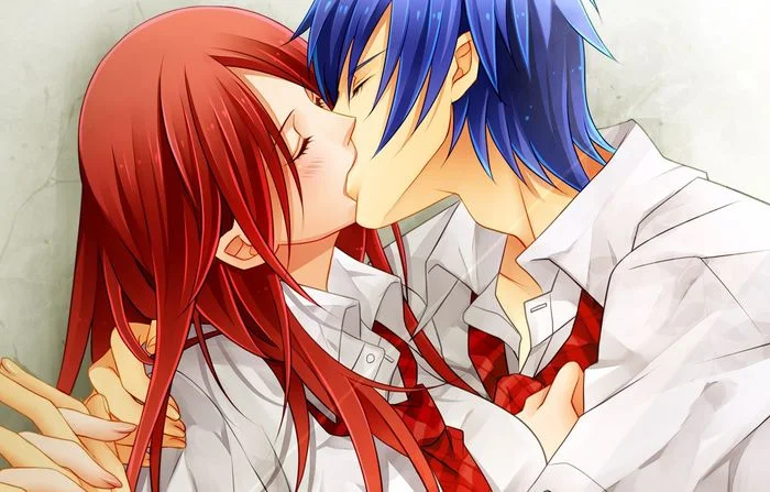 Cặp đôi anime học sinh hôn nhau, áo sơ mi trắng, tóc đỏ và xanh