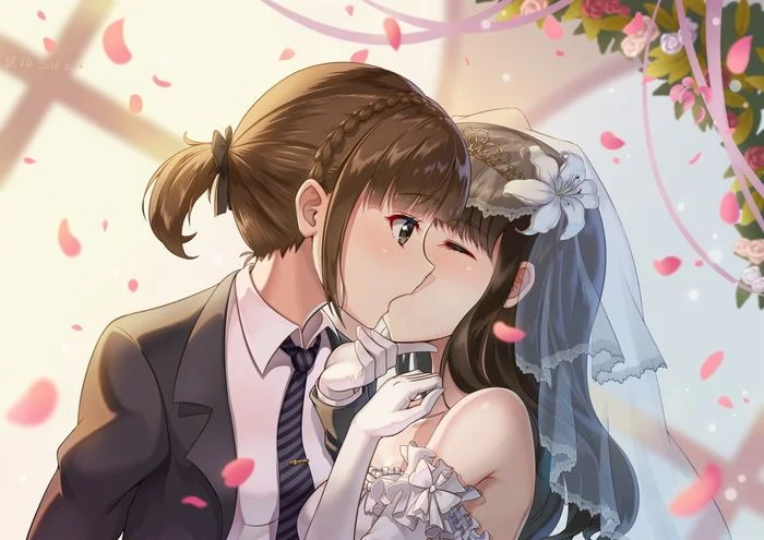Anime hôn nhau trong đám cưới, cô dâu mặc voan trắng và chú rể mặc vest trao nụ hôn dịu dàng giữa vườn hoa và những cánh cánh hồng rơi lảng tả
