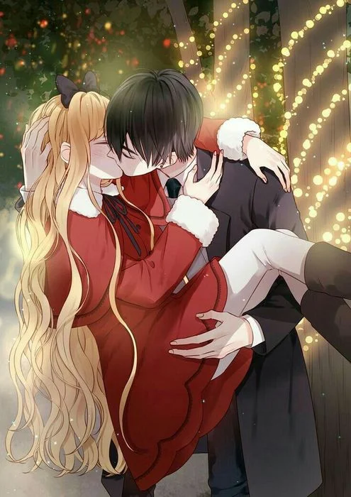 Cặp đôi anime ôm nhau hôn vào đêm tối, ánh đèn sân vườn