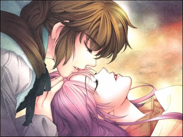 Cặp đôi anime thân mật, nam cúi xuống hôn nữ đang nằm