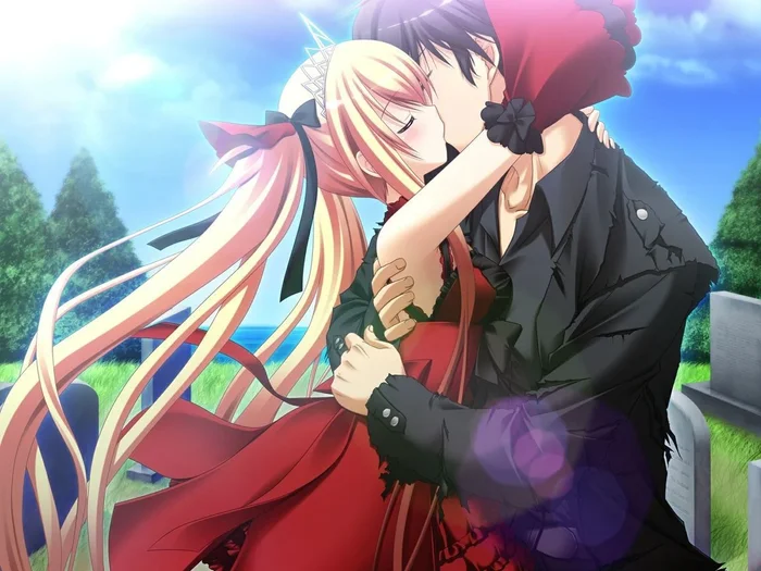 Cặp đôi anime hôn nhau bên ngoài trời, cô gái tóc vàng dài