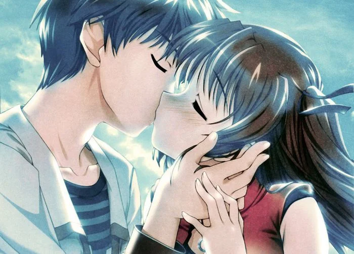 Cặp đôi anime hôn nhau, cô gái tóc xanh, nam cầm mặt cô ấy