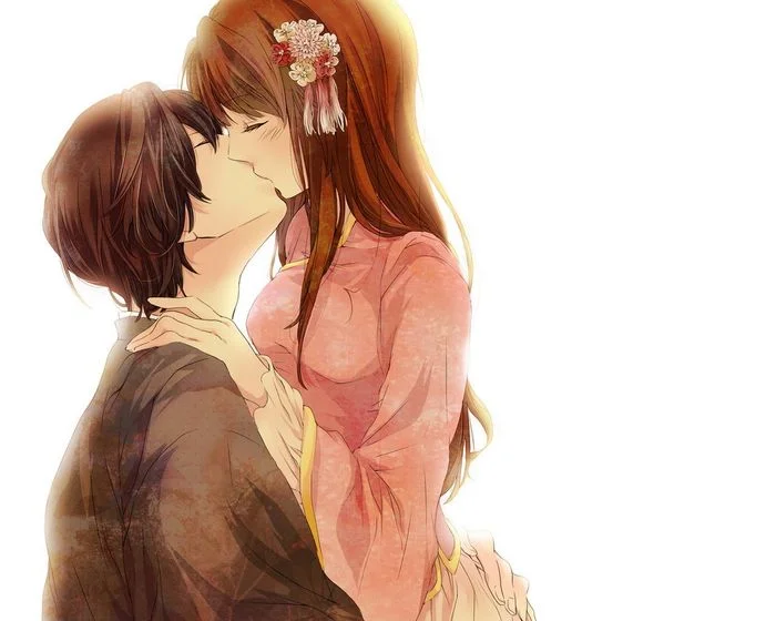 Cặp đôi anime hôn nhau bên nhau, nền trắng trong sáng