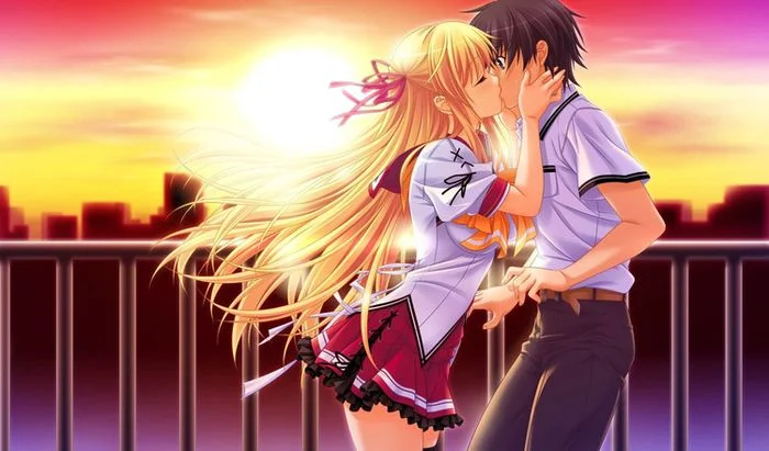 Cặp đôi anime hôn nhau trên ban công, nền hoàng hôn và thành phố