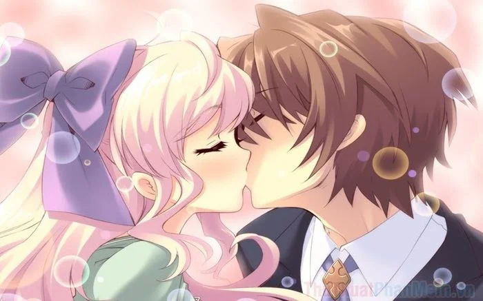 Hình ảnh anime hôn nhau lãng mạn với phong cách vẽ ngọt ngào