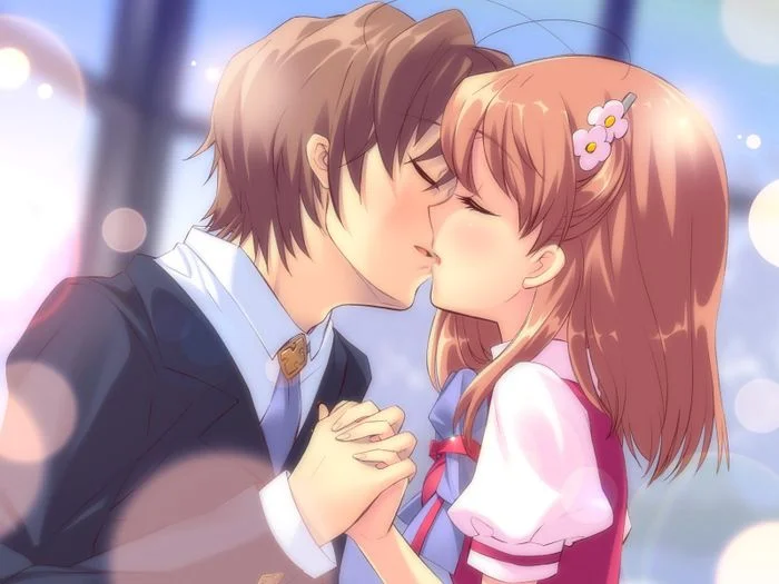 Cặp đôi anime hôn nhau, trang phục trang trọng, nền phông nhạt