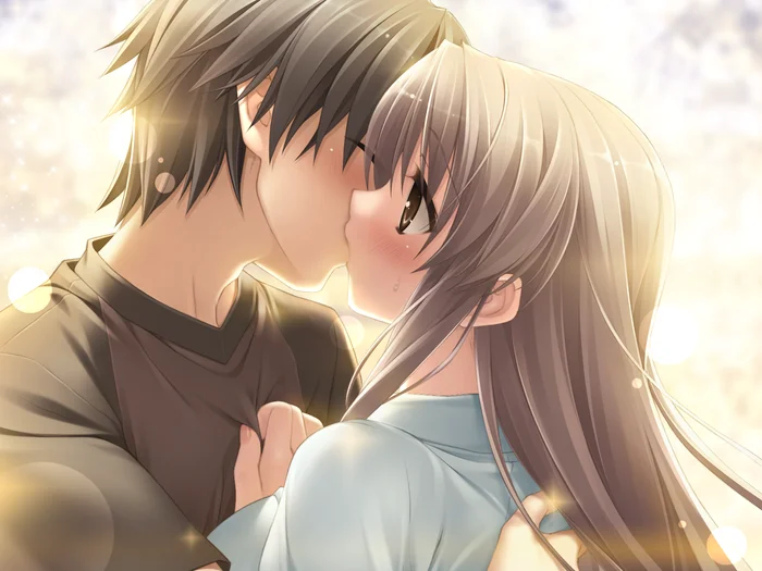 Cặp đôi anime hôn nhau cận cảnh, ánh sáng mờ ảo