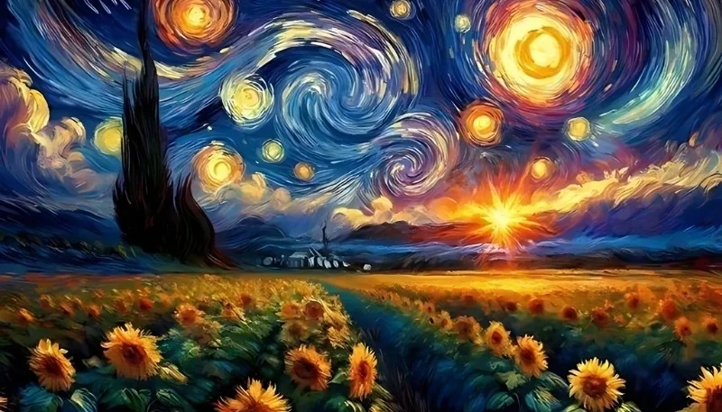 Hình nền động phong cách Van Gogh với cánh đồng hoa hướng dương dưới bầu trời đêm xoáy đầy sao và tinh vân