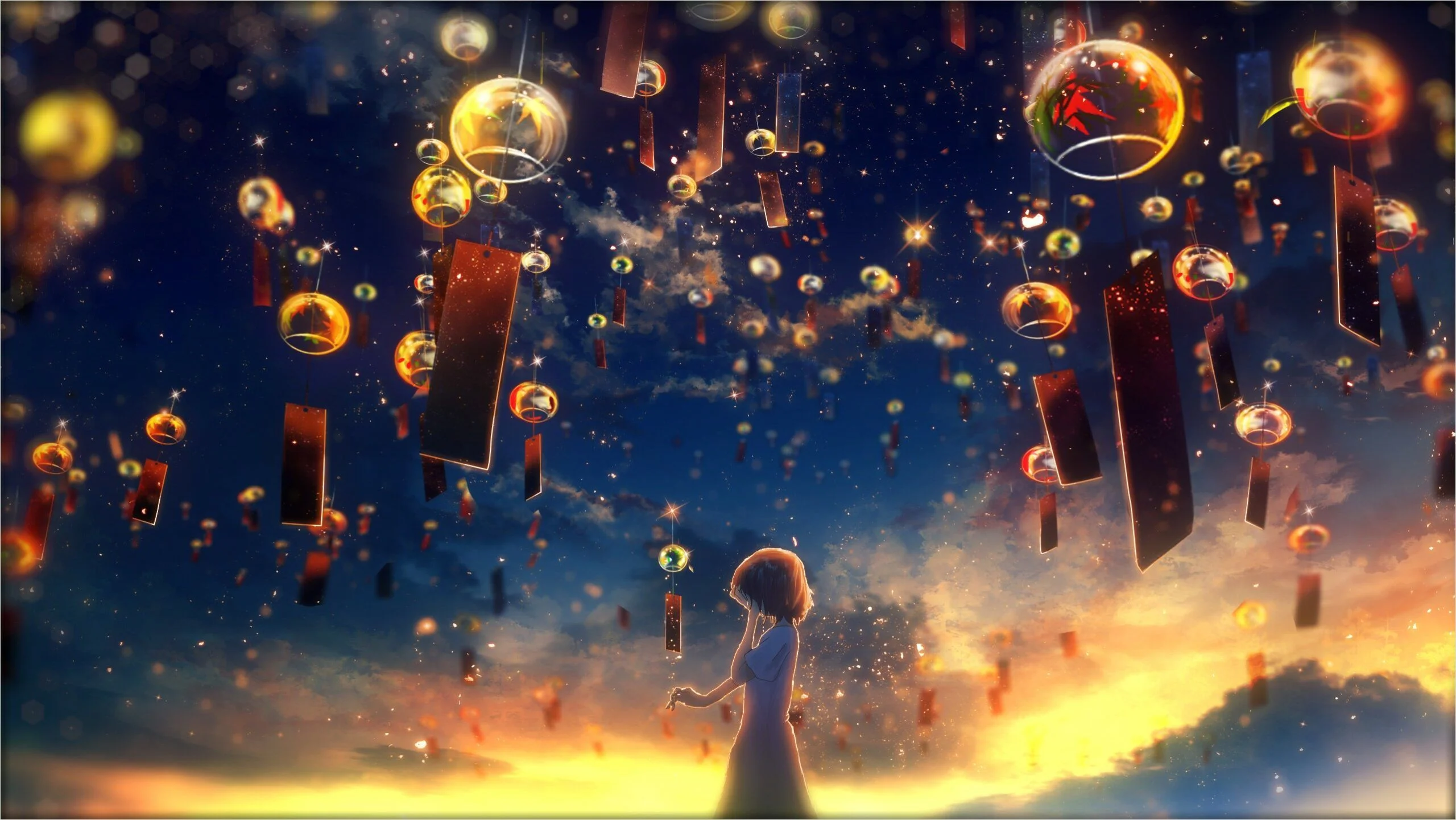 Hình nền động anime cô gái đứng dưới bầu trời đèn lồng phát sáng giữa hoàng hôn huyền ảo