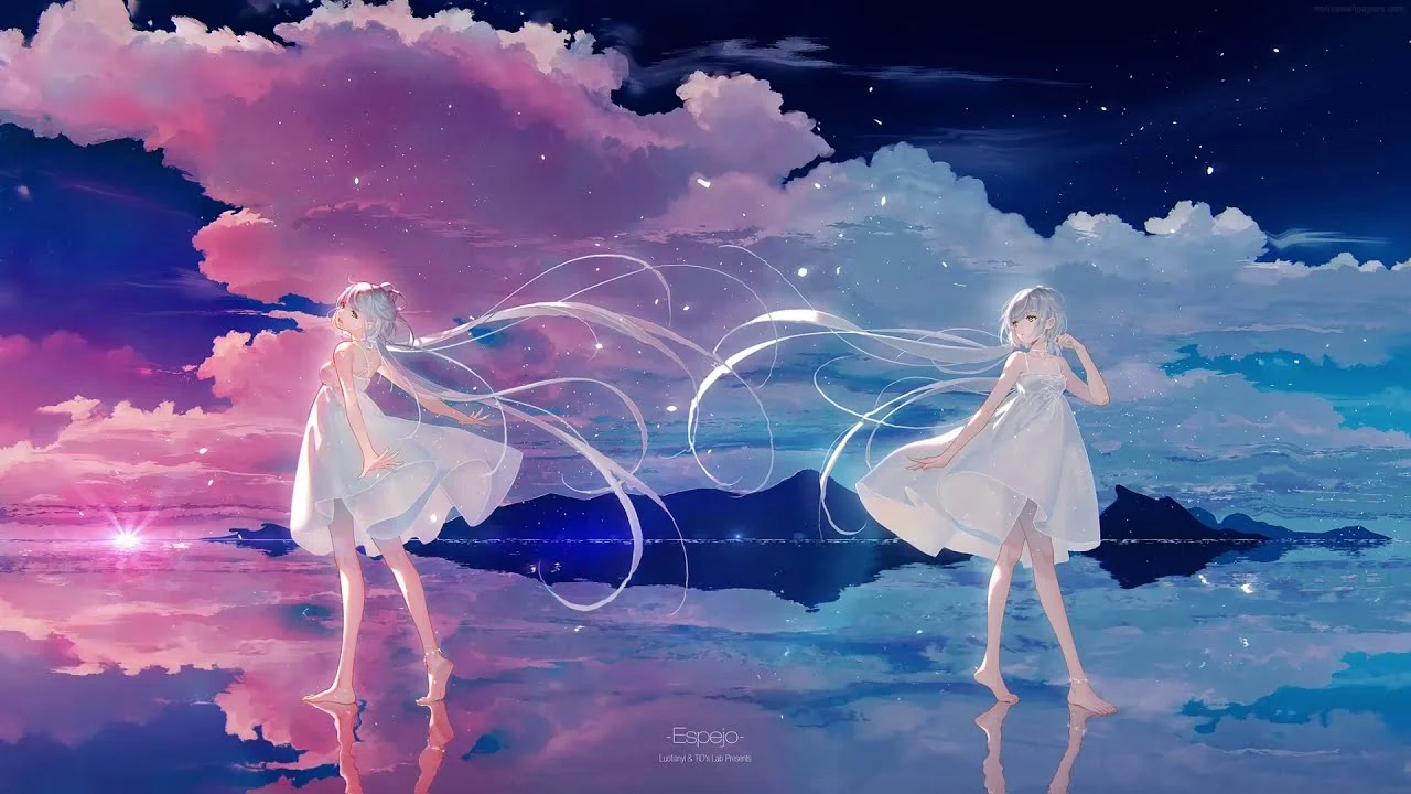 Hình nền động anime với hai cô gái mặc váy trắng đứng trên mặt nước phản chiếu dưới bầu trời sao và mây hồng xanh