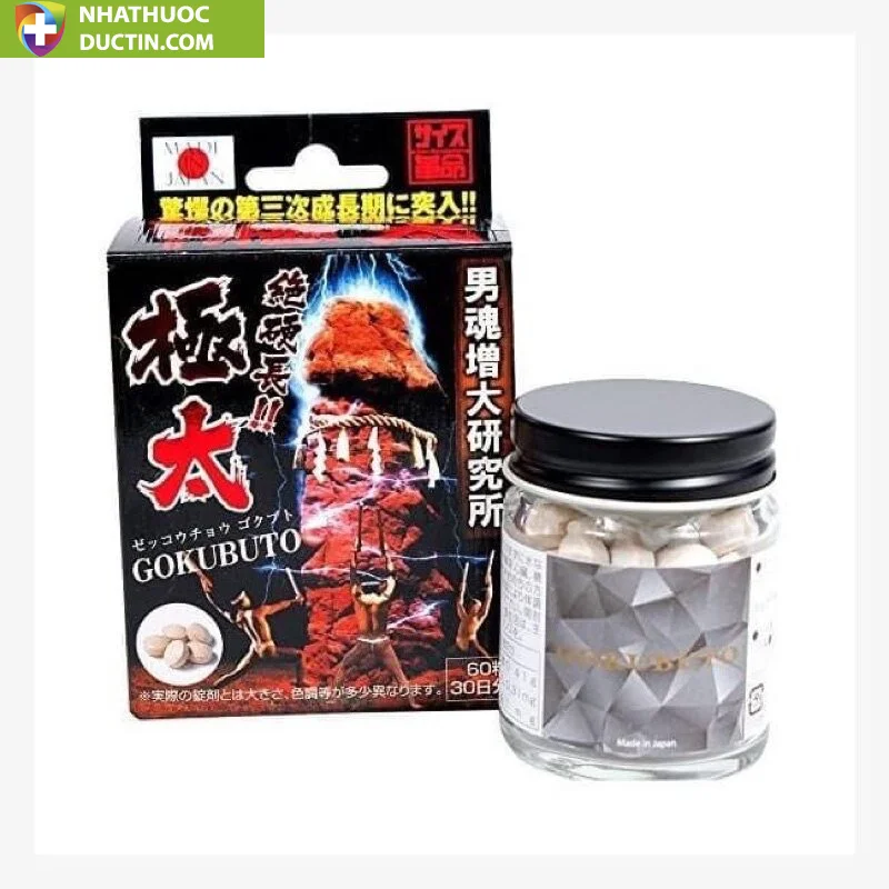Thực phẩm chức năng tăng kích thước cậu nhỏ GOKUBUTO của Nhật Bản – hộp đen và lọ thủy tinh viên nang trắng