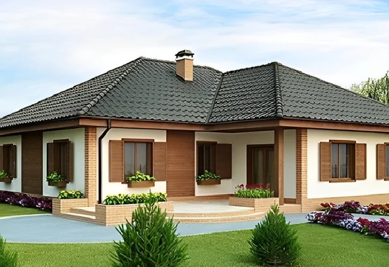Nhà cấp 4 đẹp với mái ngói đen và hồ bơi