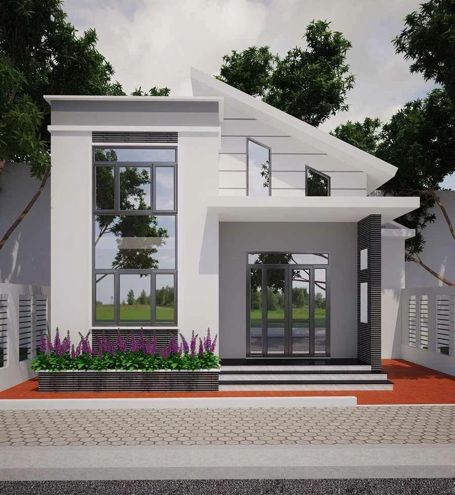 Mẫu nhà cấp 4 có gác lửng mái lệch
