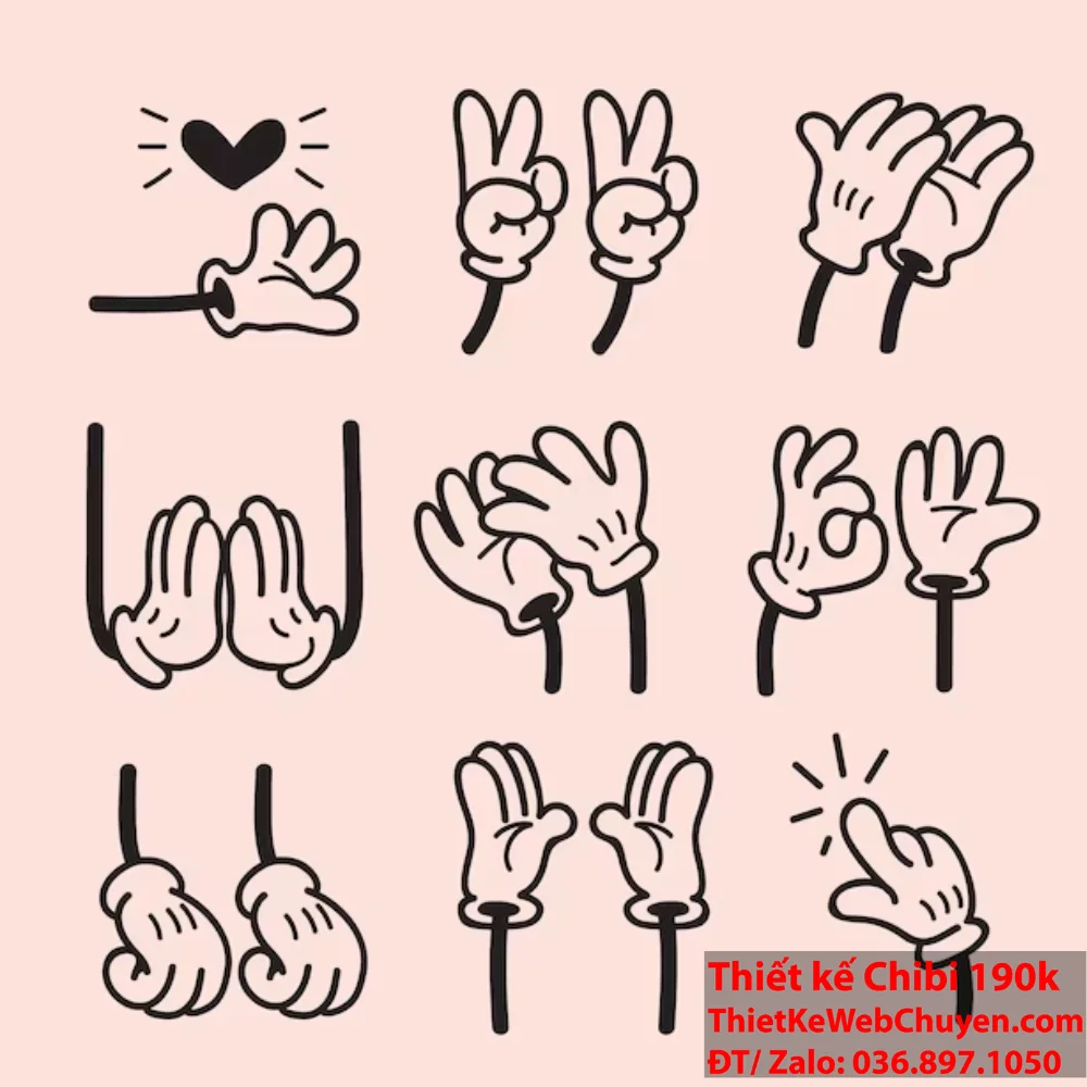 Bộ sưu tập các hình vẽ bàn tay phong cách chibi đen trắng trên nền hồng