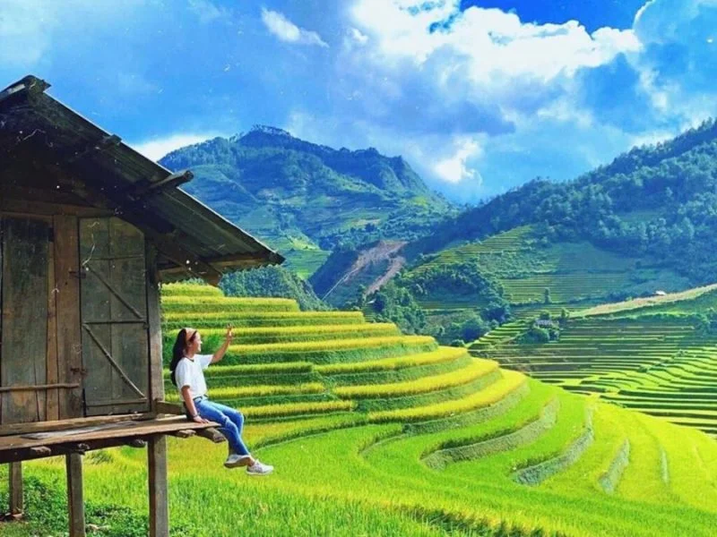 Ảnh du lịch tại ruộng bậc thang vùng cao với khung cảnh thiên nhiên hùng vĩ và ngôi nhà gỗ mộc mạc