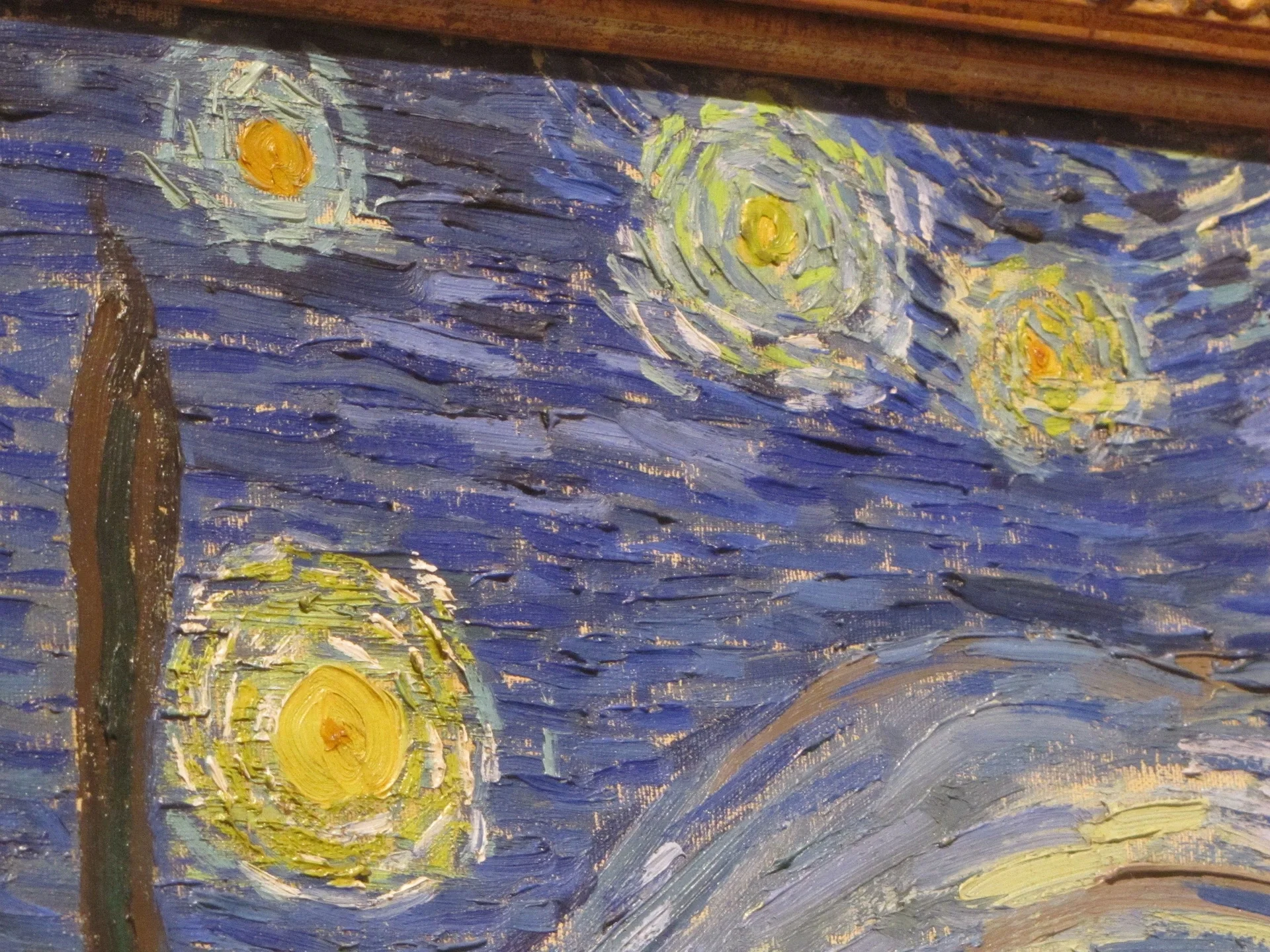 Bức tranh nghệ thuật Đêm đầy sao Van Gogh với bầu trời đêm xoáy và các ngôi sao màu vàng rực rỡ.