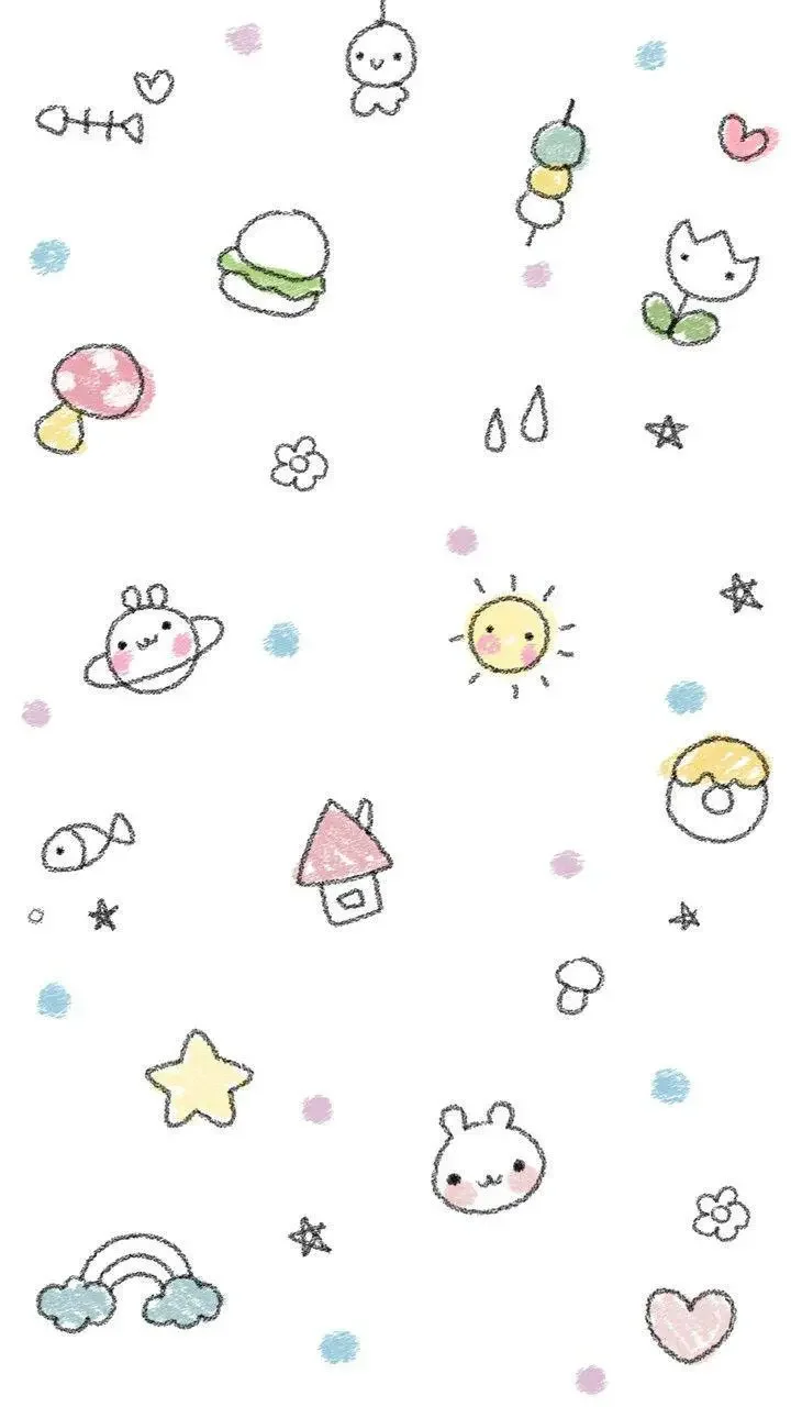 Hình nền iPhone đẹp cute với các chú vẽ kẻ tay hình trái tim, mặt trời, bánh burger và sinh vật cartoon đáng yêu.