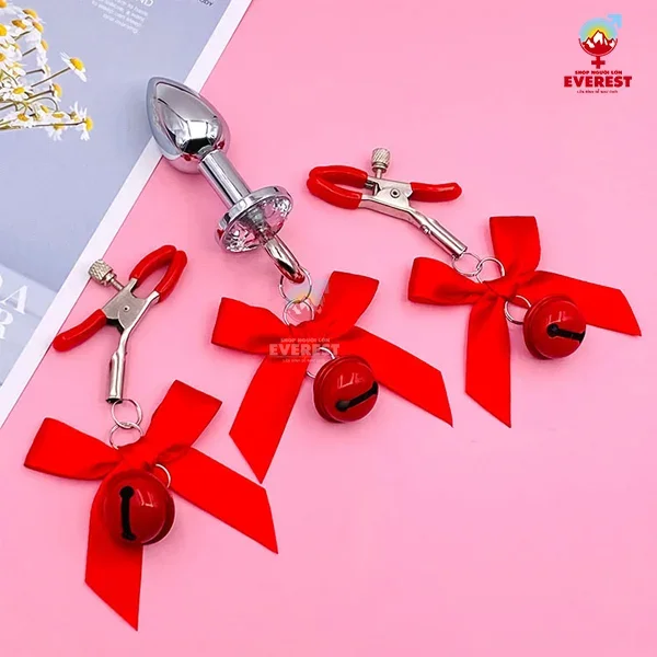 Combo bộ 3 món phích cắm hậu môn kèm kẹp ti có chuông nà nơ