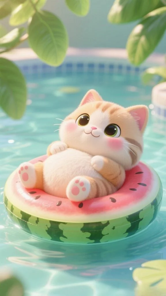 Mèo bơi dưa hấu giữa hồ bơi
