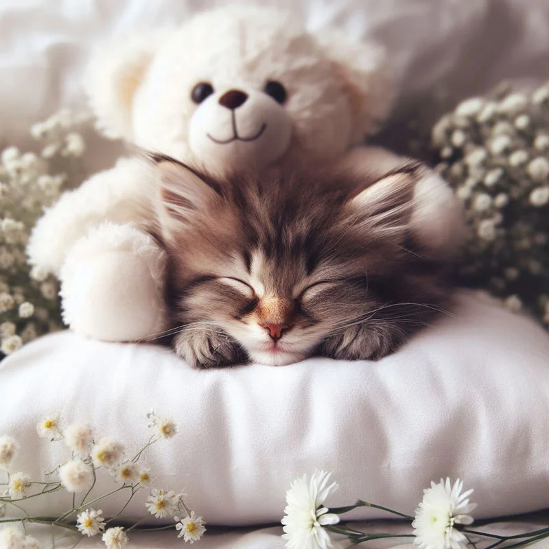 mèo con ngủ cùng gấu bông trên giường làm hình nền mèo cute