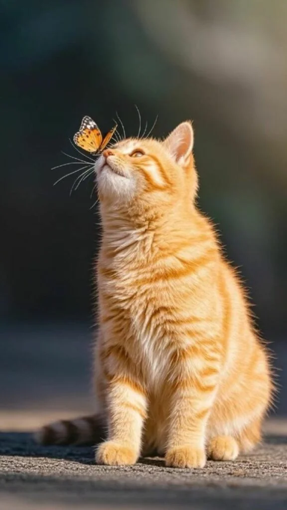 Mèo vàng chơi đùa cùng chú bướm