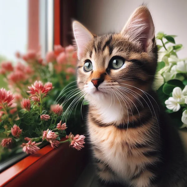 mèo con bên cửa sổ đầy hoa làm hình nền mèo cute