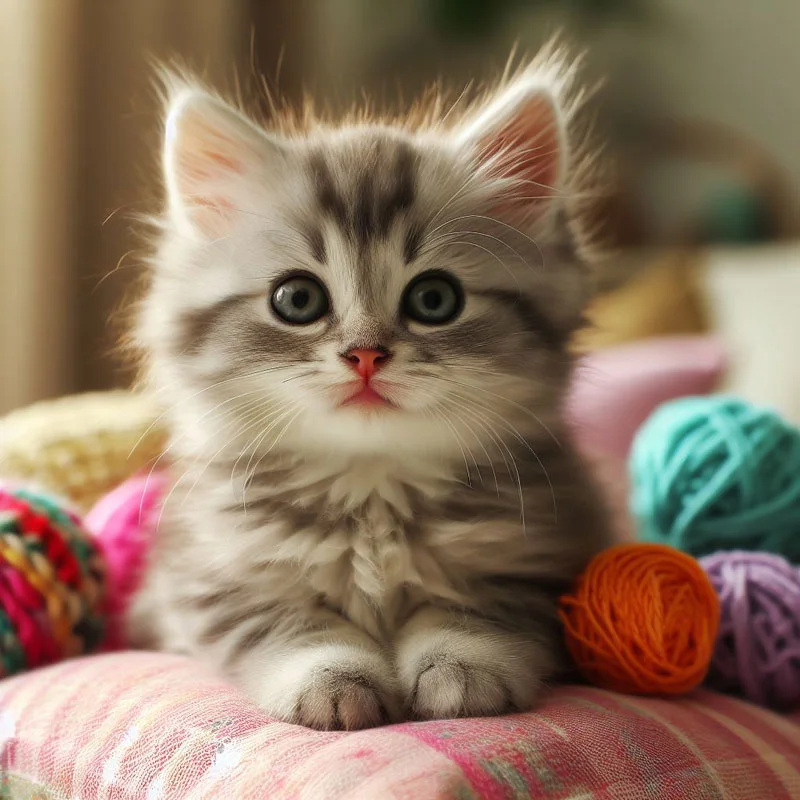 mèo con chơi với cuộn len làm hình nền mèo cute
