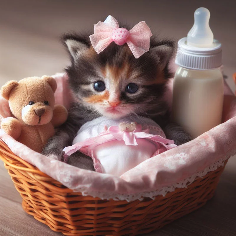 mèo con trong giỏ với bình sữa làm hình nền mèo cute