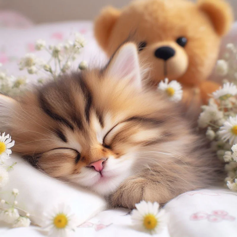 mèo con ngủ bên gấu bông làm hình nền mèo cute