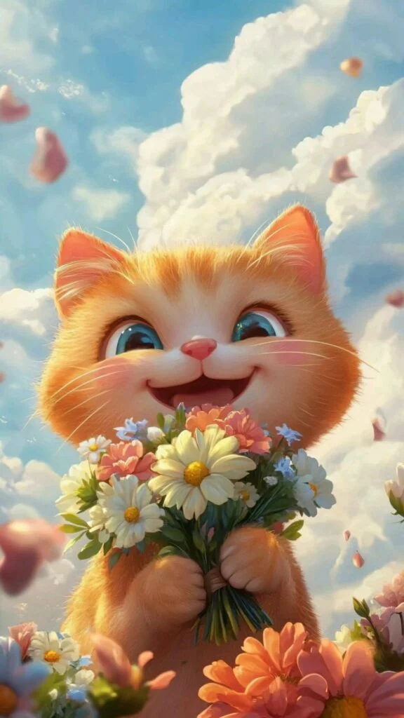 Mèo cam ôm bó hoa tươi tắn