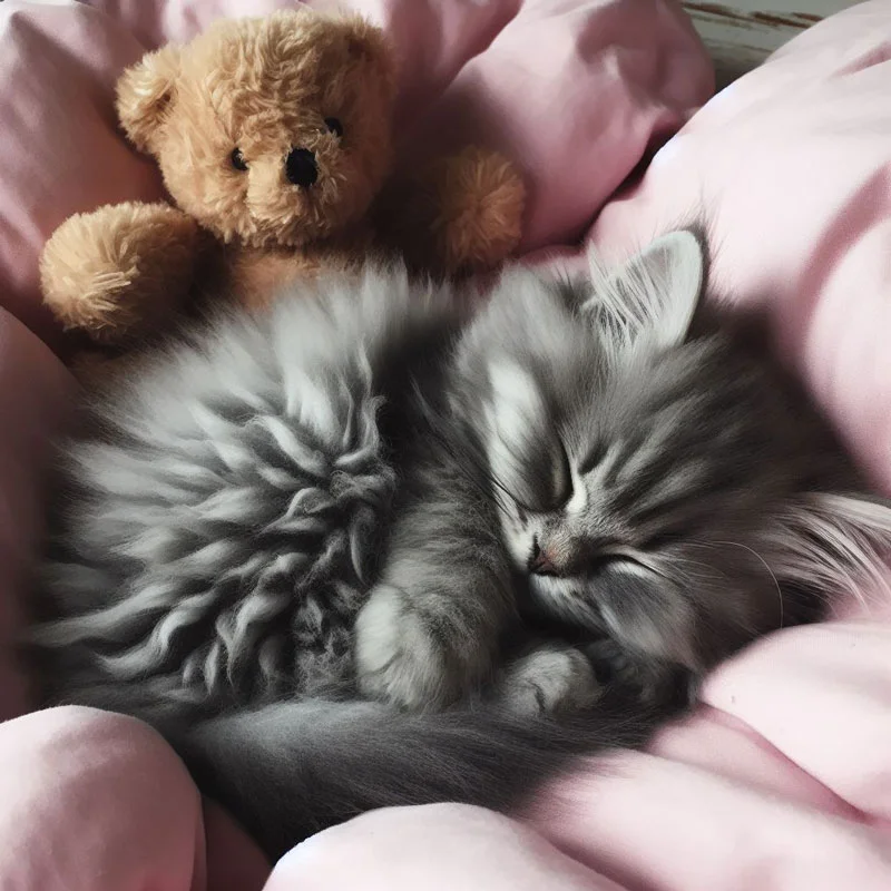 Mèo con cute ngủ cùng gấu bông hình nền mèo cute