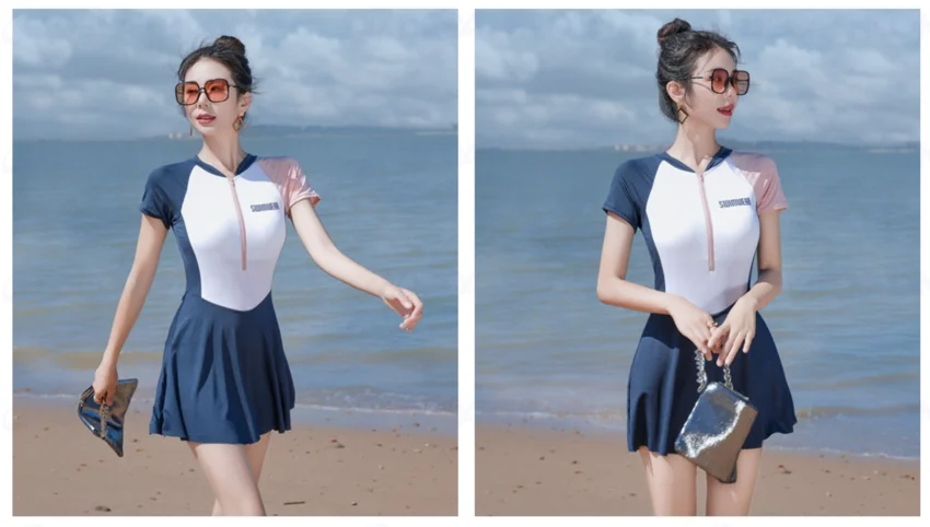 Đồ bơi đi biển 1 mảnh khóa kéo, chân váy xòe