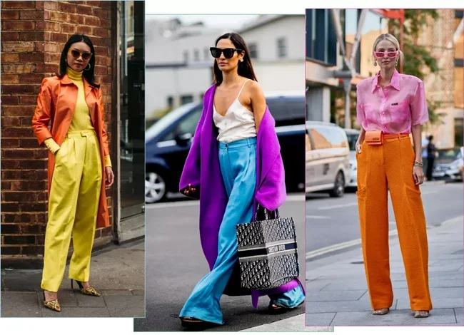 Ảnh minh họa bảng màu phối đồ với các bộ outfit màu cam, vàng, tím và xanh.